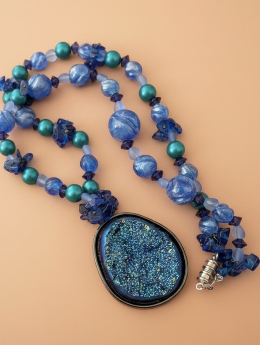 Bold Iridescent Blue Faux Druzy Statement Pendant Necklace with Mixed Blue & Tea